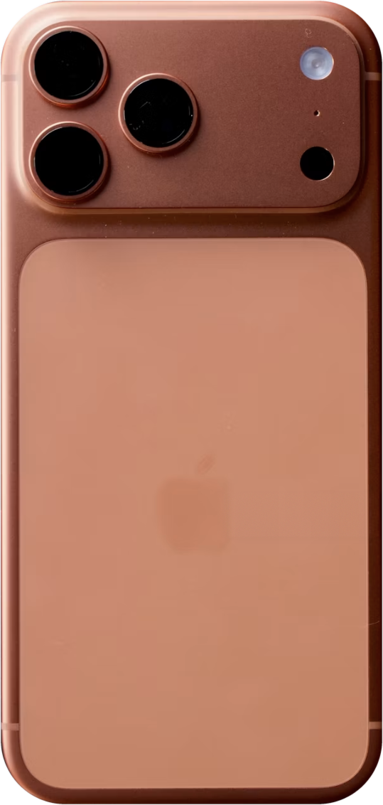 The back of a Cosmic Orange iPhone 17 Pro Max, with the four sticker spots marked